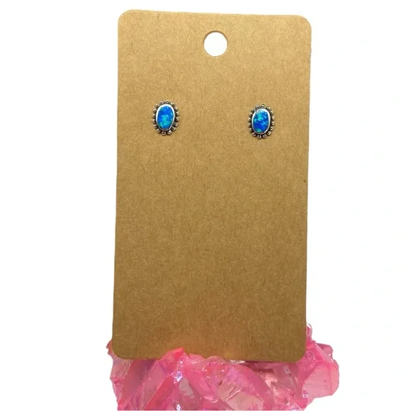 Blue Fire Opal Stud Earrings Solid Sterling Silver 925 Dainty Stone Boho Jewelry - Picture 3 of 7